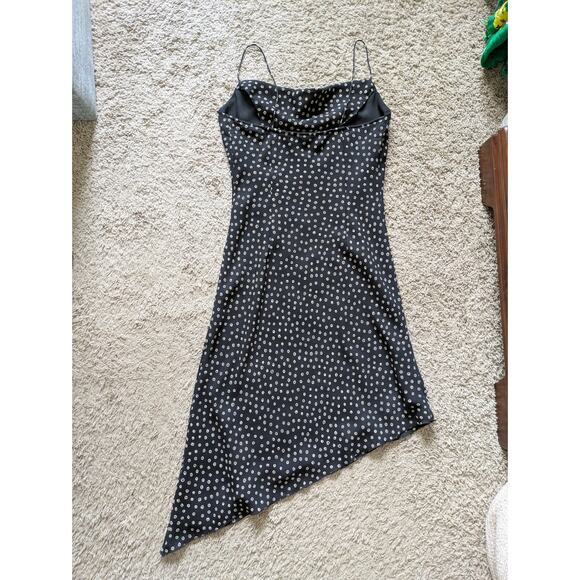 Y2K Kathie Lee Slip Dress 8 Black Polka Dot Asymmetric Hem Whimsigoth Cowl Neck - Picture 2 of 8